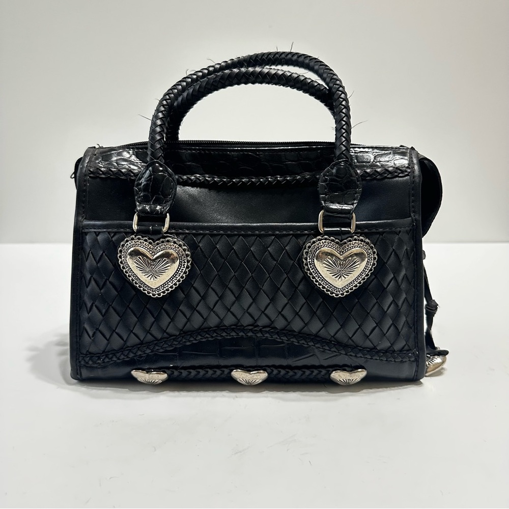 Vintage Western Style Handbag Black Woven Details Silver Heart Hardware